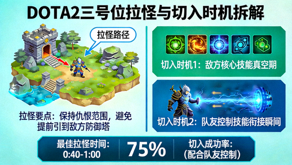 DOTA2三号位拉怪与切入时机拆解示意图