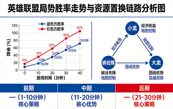 英雄联盟局势胜率走势与资源置换链路分析图
